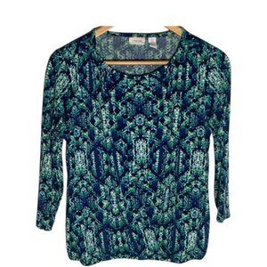 Chicos Blue Green Print Blouse Small Long Sleeve Stretch Work Top